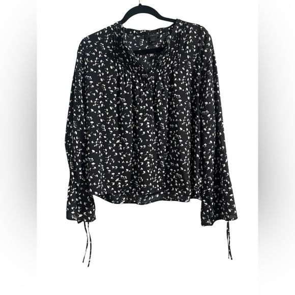 J. Crew Tops - J Crew Black V Neck White Floral Tie Sleeve Blouse with Button Detail Small